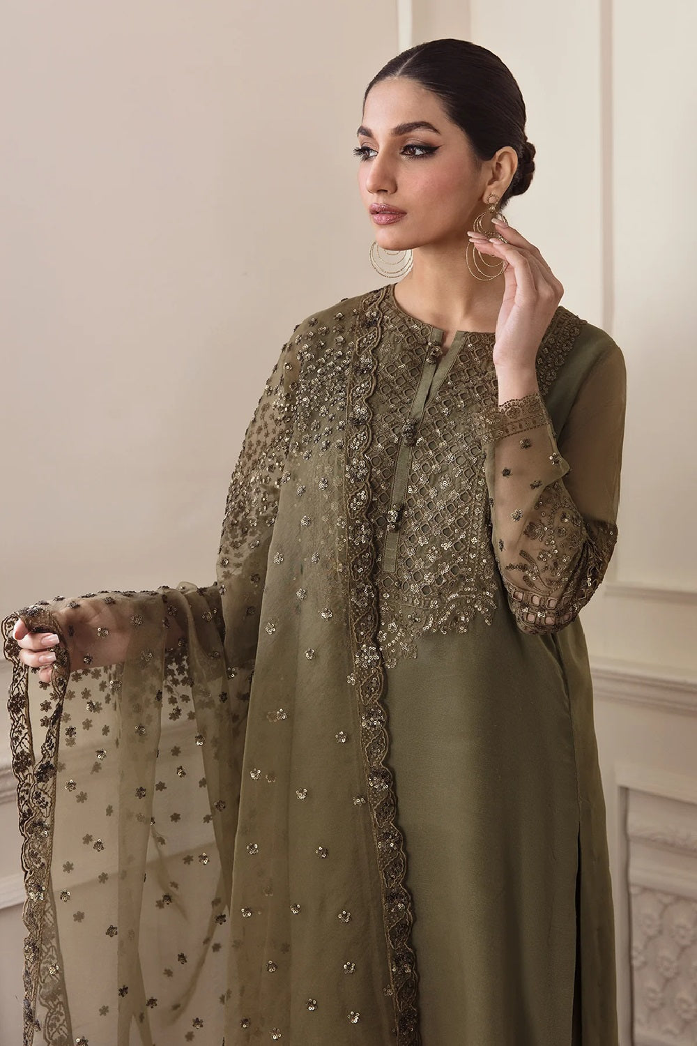 Mendhi Green Chiffon Embroidered Dress Material Online in Sri Lanka India Australia