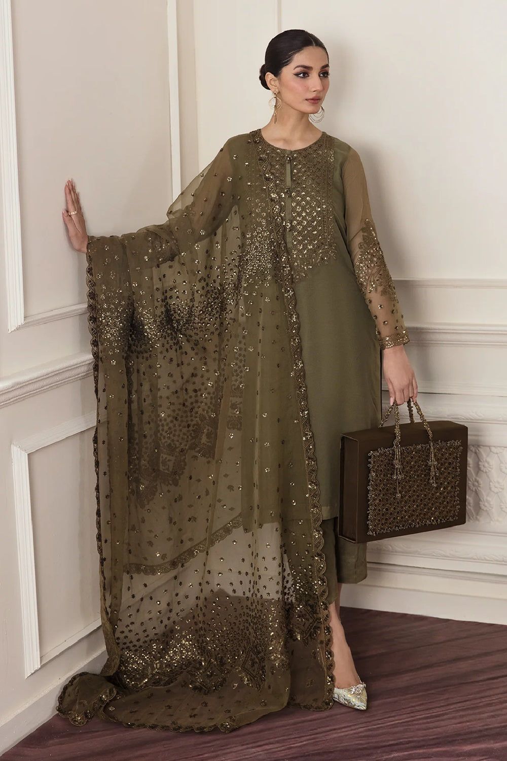 Mendhi Green Embroidered Chiffon Partywear Suit Online in Dubai UAE Abudhabi Ajman Sharjah