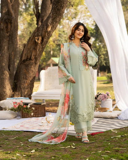 Mint Green Pure Cotton Embroidered Suit with Cutwork Details
