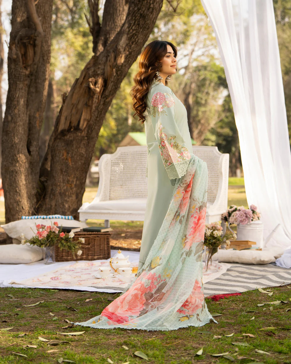 Mint Green Pure Cotton Embroidered Suit with Cutwork Details