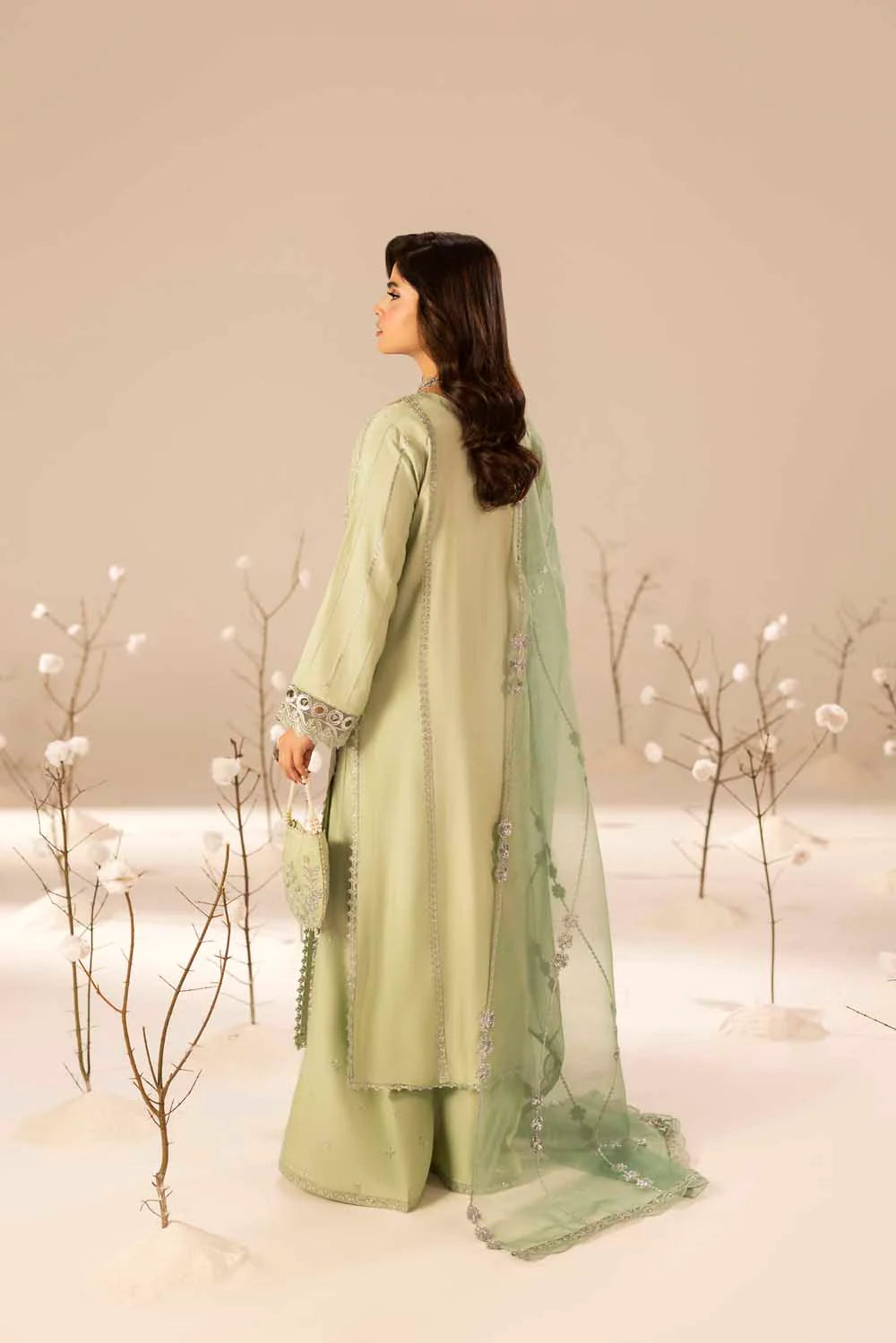 Mint Green Hand Embellished & Embroidered Raw Silk Suit with Potil
