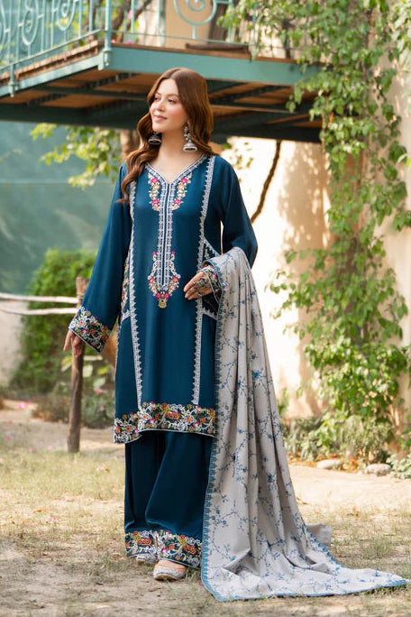 Turquoise Kotrai Multi-Thread Embroidered Farshi Shalwar Suit