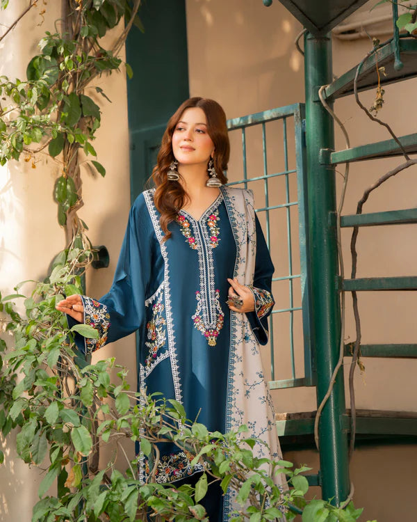 Turquoise Kotrai Multi-Thread Embroidered Farshi Shalwar Suit