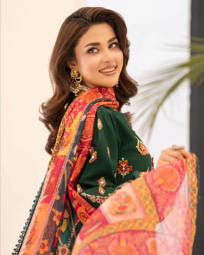 Evergreen Pure Cotton Farshi Shalwar Suit with Multi-Thread Work