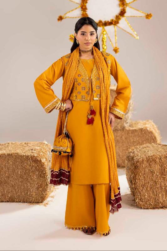 Mustard Embroidered Cotton Jacket-Style Suit with Potli