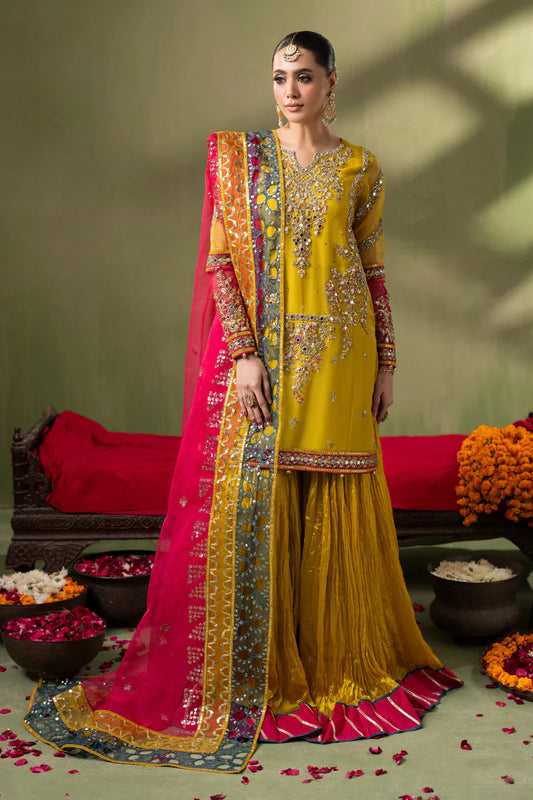 Mustard Organza Embellished Crushed Raw Silk Gharara
