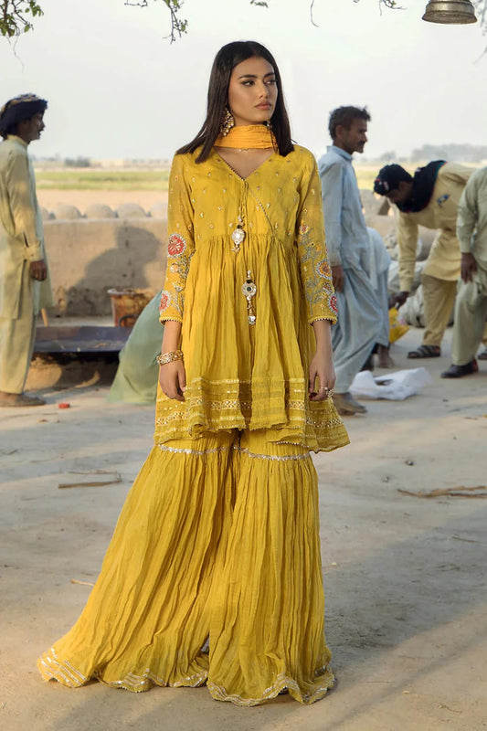 Yellow Paper Cotton Peplum Top with Gharara