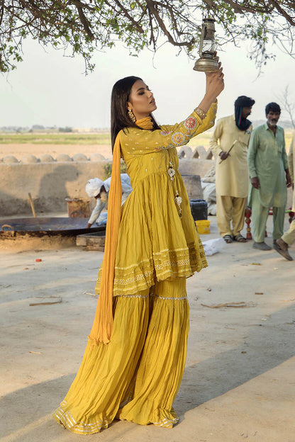 Yellow Paper Cotton Peplum Top with Gharara