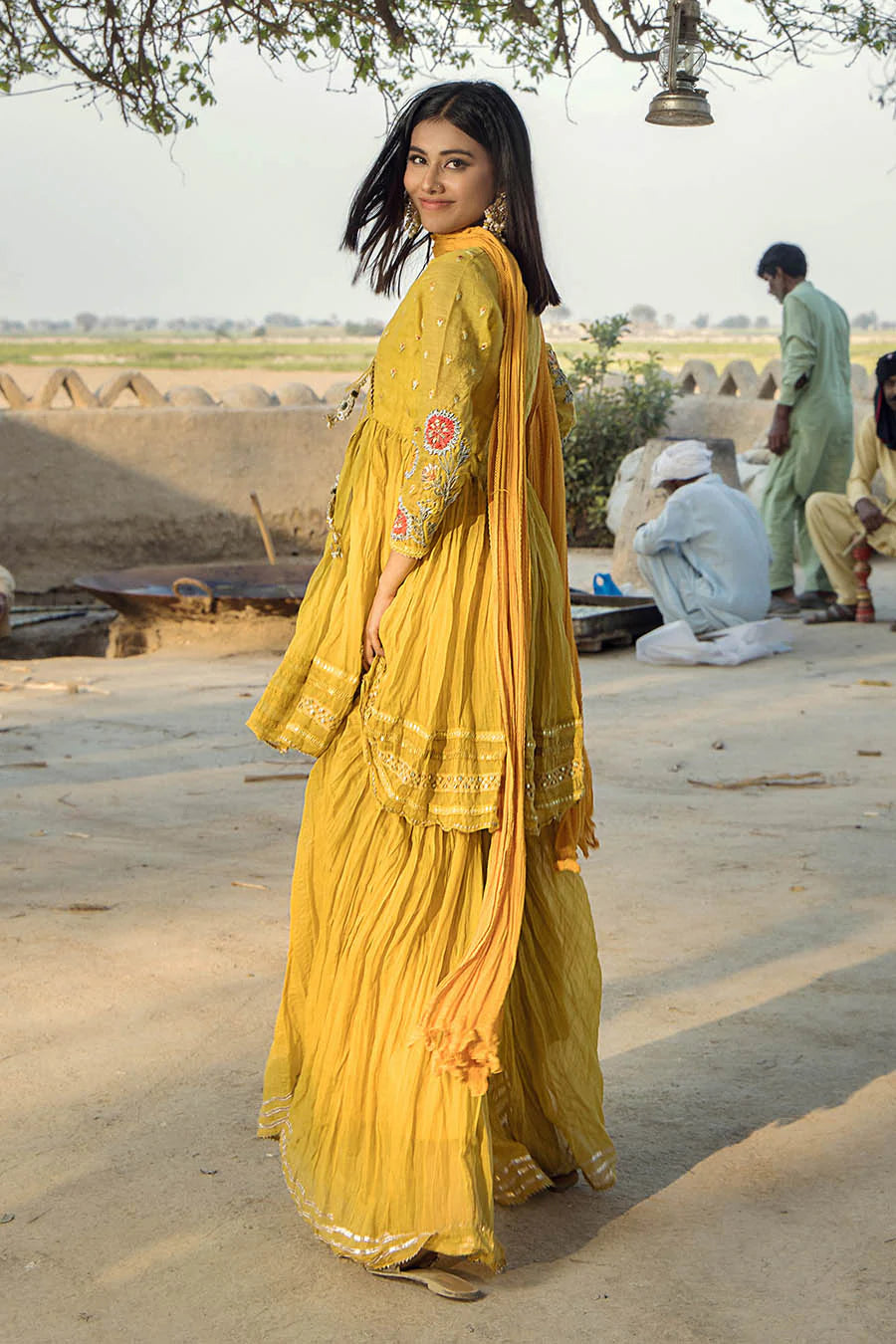 Yellow Paper Cotton Peplum Top with Gharara