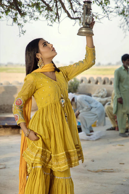 Yellow Paper Cotton Peplum Top with Gharara