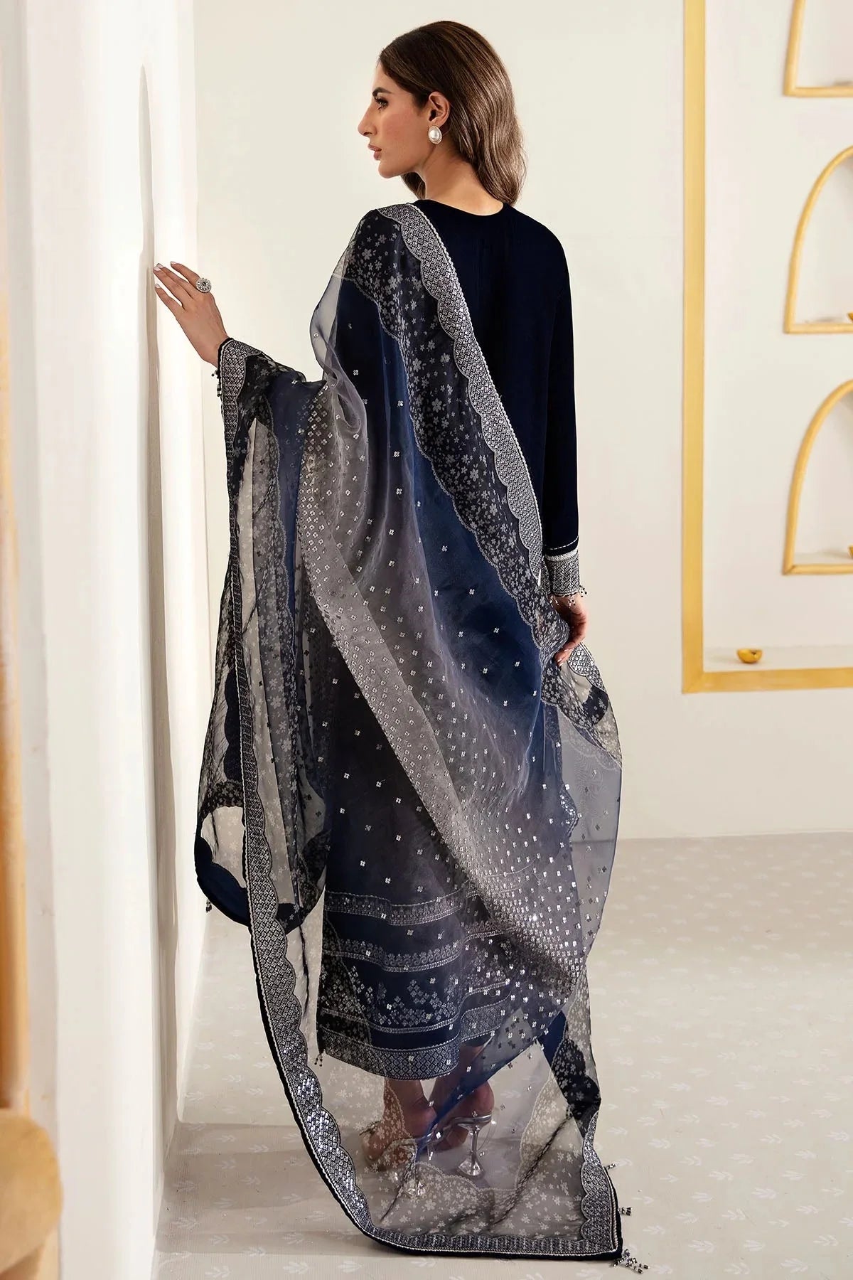 Navy Blue Silver Sequins Embroidered Velvet Suit