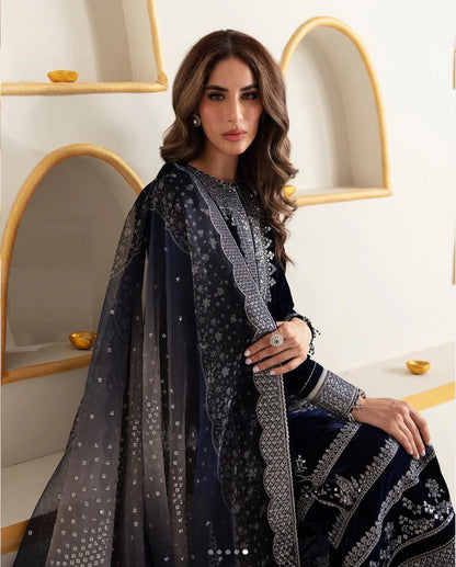 Navy Blue Silver Sequins Embroidered Velvet Suit