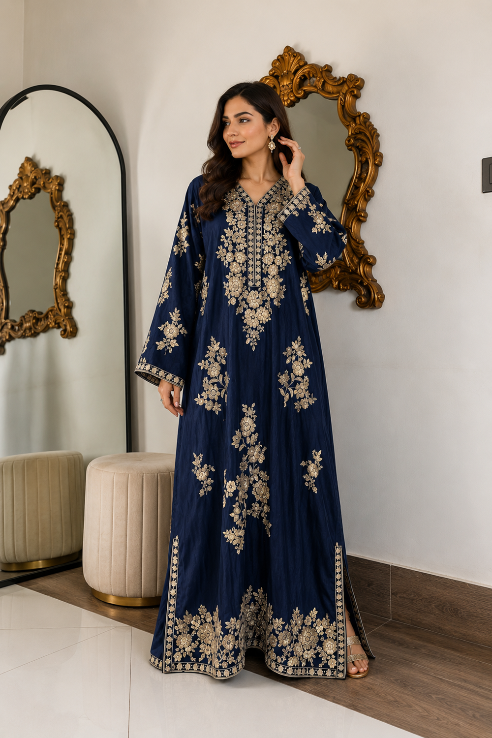 Navy Blue Floral embroidered Kaftan Online in Dubai UAE Abudhabi Ajman Sharjah