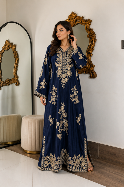 Navy Blue Floral embroidered Kaftan Online in Dubai UAE Abudhabi Ajman Sharjah