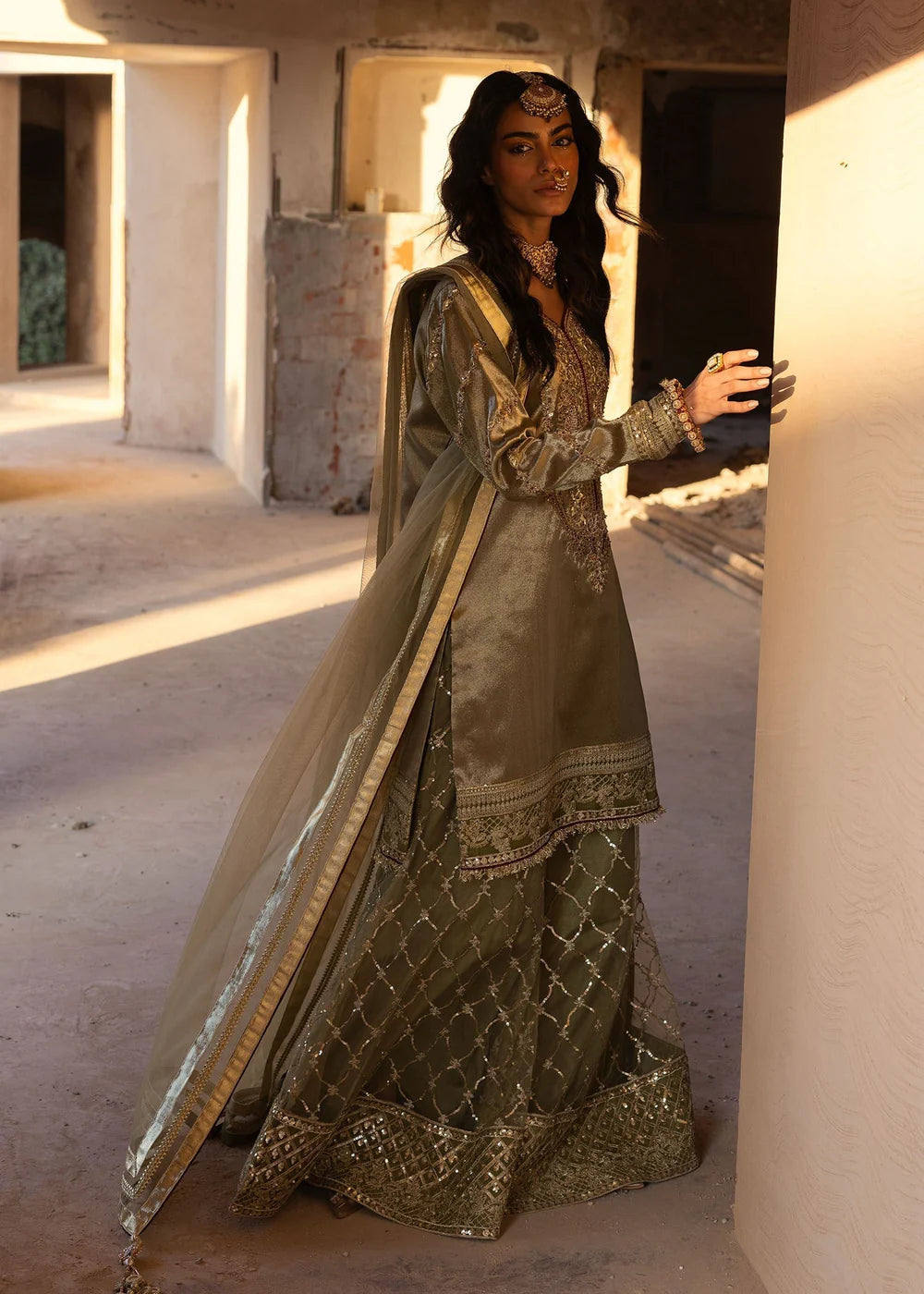 Olive Green Embellished Tissue Sharara