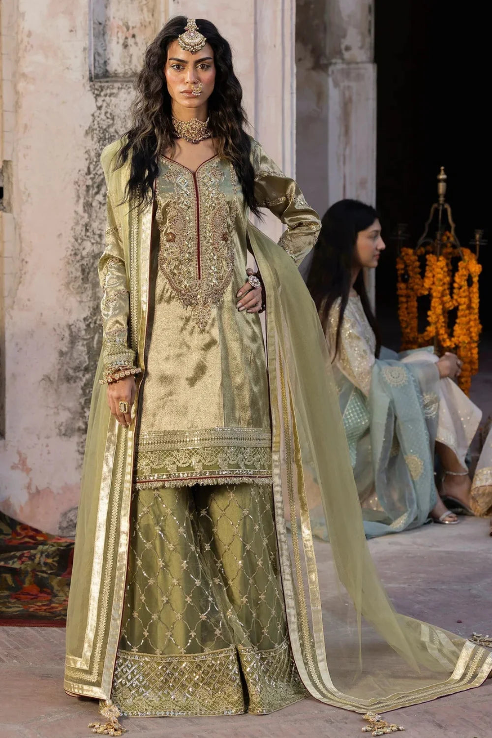 Olive Green Embellished Tissue Sharara