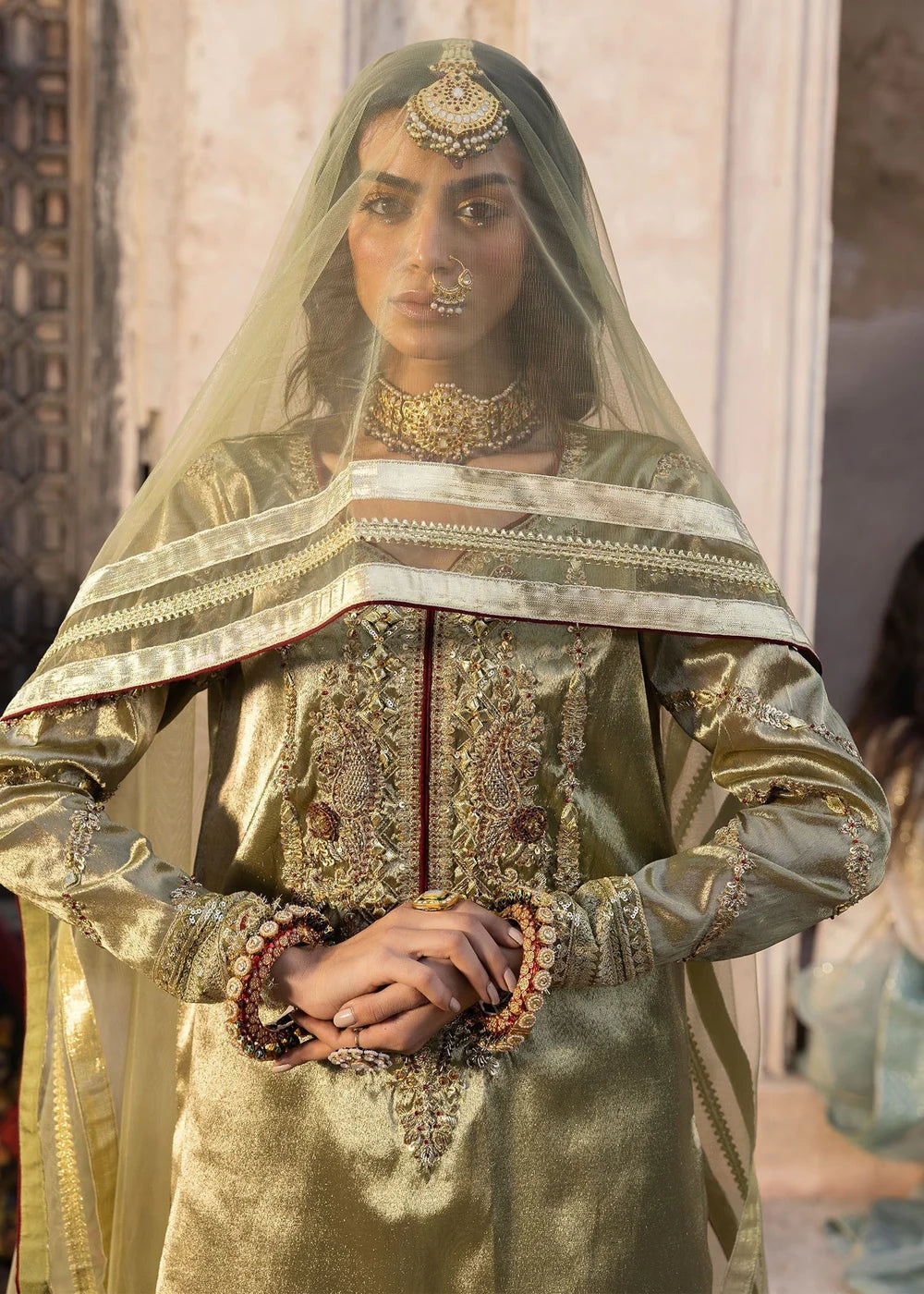 Olive Green Embellished Tissue Sharara