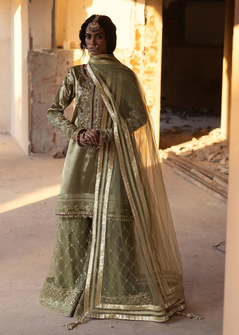 Olive Green Embellished Tissue Sharara