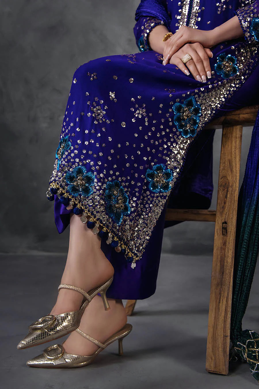 Hand Embroidered Royal Blue Crinkle Chiffon Designer Suit