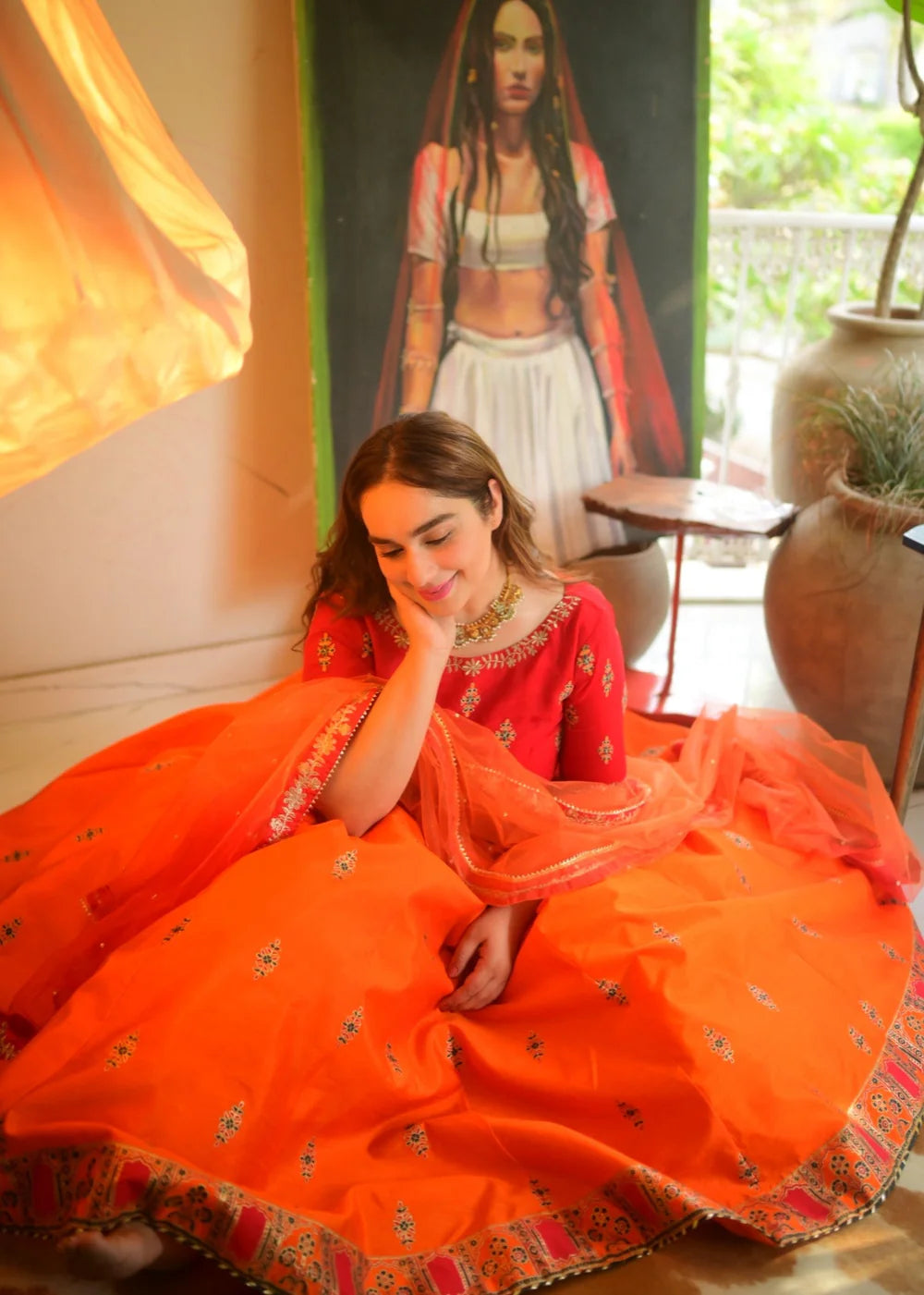 Orange Raw Silk Lehenga Choli with Potli
