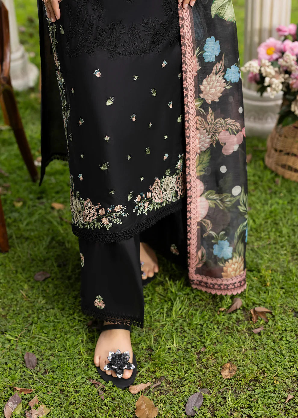 Black Lawn Shirt with Organza Patchwork Embroidery