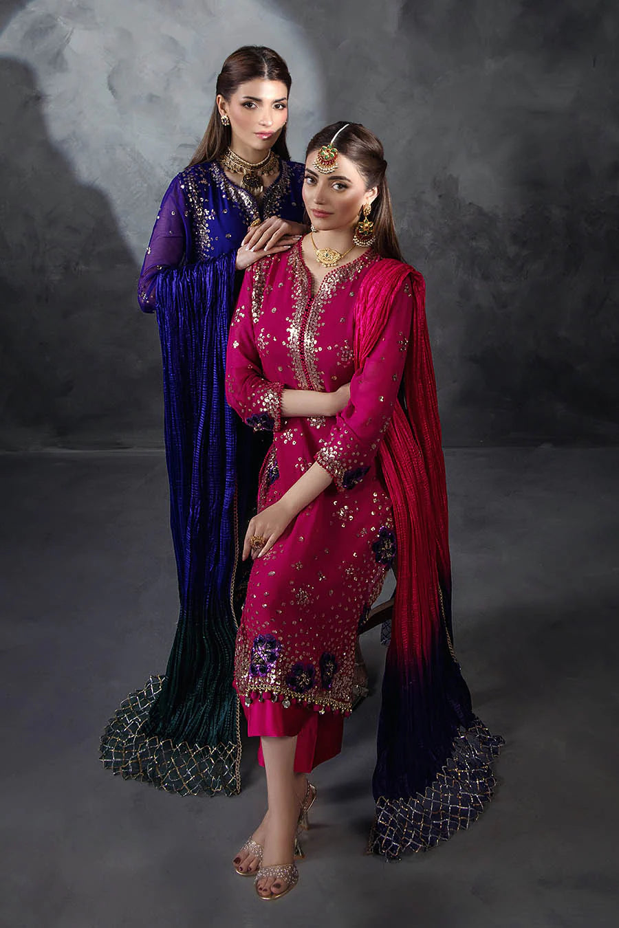 Hand Embroidered Royal Blue Crinkle Chiffon Designer Suit