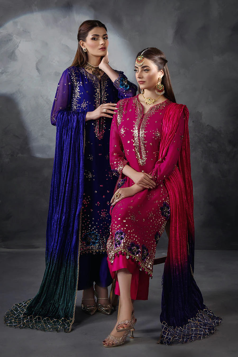 Hand Embroidered Royal Blue Crinkle Chiffon Designer Suit