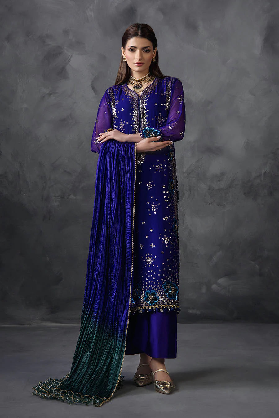Hand Embroidered Royal Blue Crinkle Chiffon Designer Suit