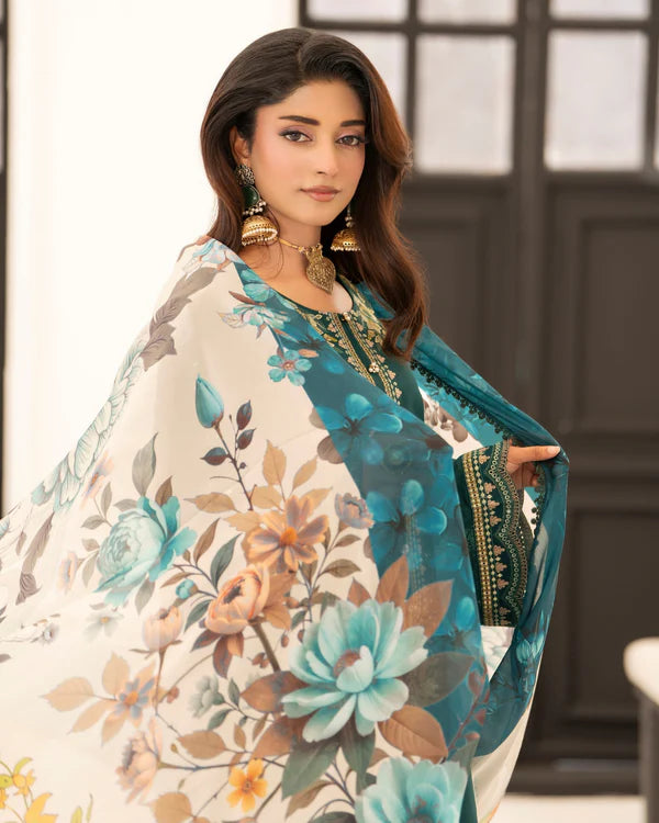 Imperial Teal Pure Cotton Chikankari Embroidered Suit with Cutwork Details