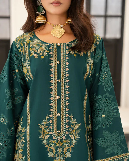Imperial Teal Pure Cotton Chikankari Embroidered Suit with Cutwork Details