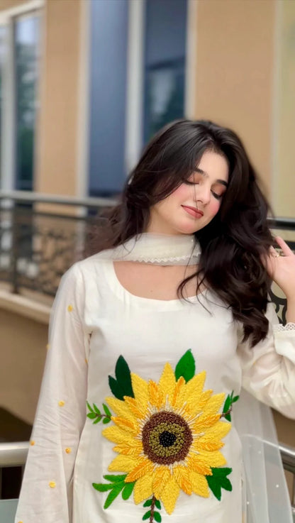 Hand Embroidered Pure Cotton Suit with Sunflower Wool Work