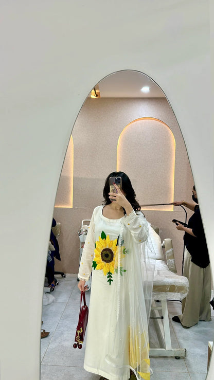 Hand Embroidered Pure Cotton Suit with Sunflower Wool Work