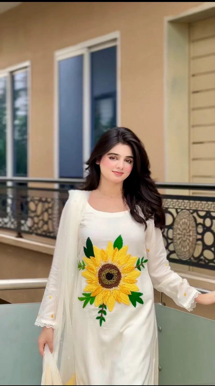 Hand Embroidered Pure Cotton Suit with Sunflower Wool Work