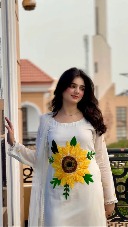 Hand Embroidered Pure Cotton Suit with Sunflower Wool Work