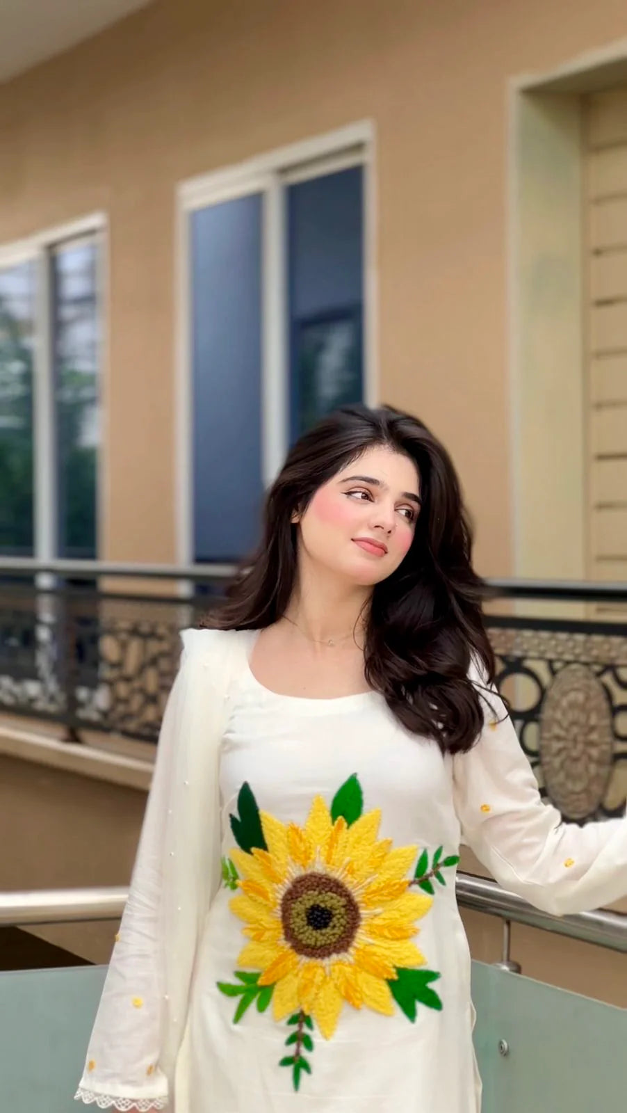 Hand Embroidered Pure Cotton Suit with Sunflower Wool Work