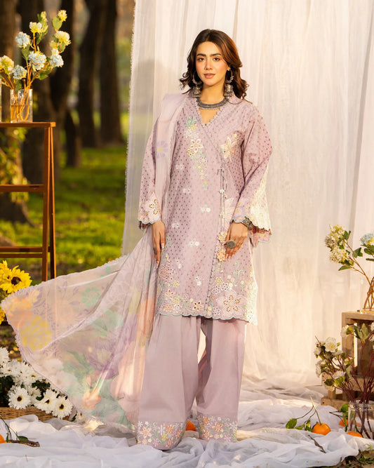 Mauve Pure Cotton Embroidered Suit with Cutwork Details
