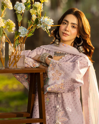 Mauve Pure Cotton Embroidered Suit with Cutwork Details