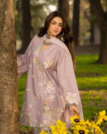 Mauve Pure Cotton Embroidered Suit with Cutwork Details