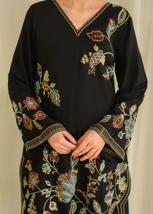 Black Embroidered Linen Kurta Set with Dupatta