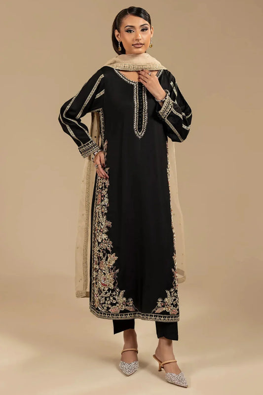 Black Hand Embellished Korean Raw Silk Suit