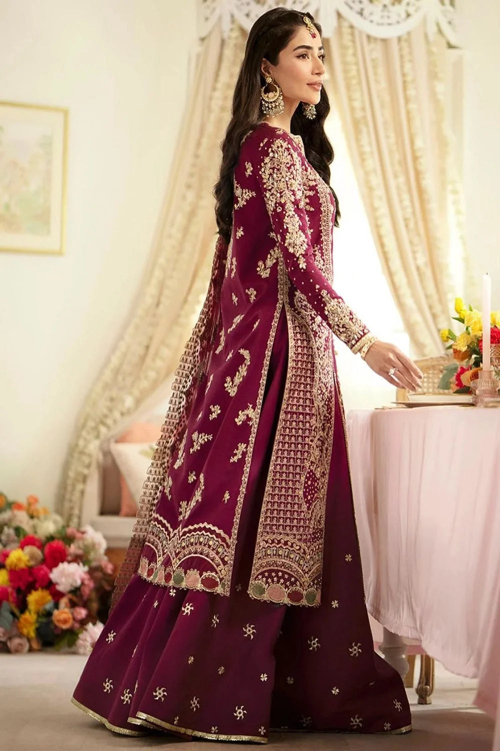 Burgundy Handmade Organza Sharara