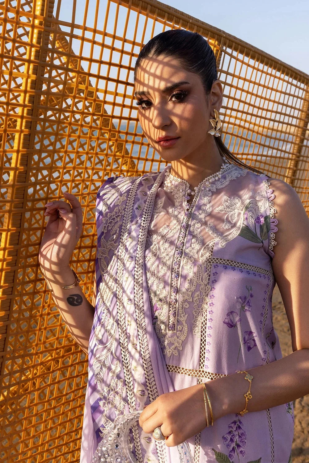 Lilac Purple Pure Lawn Suit with Embroidered Laces