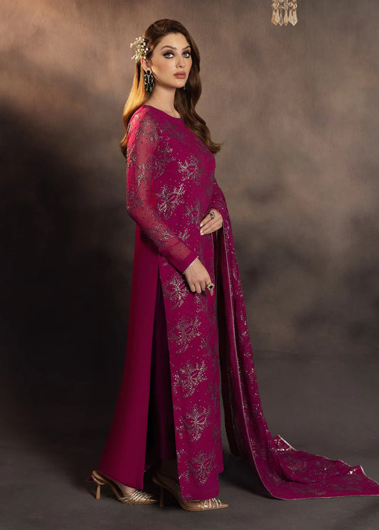 Shocking Pink Chiffon Embroidered Suit