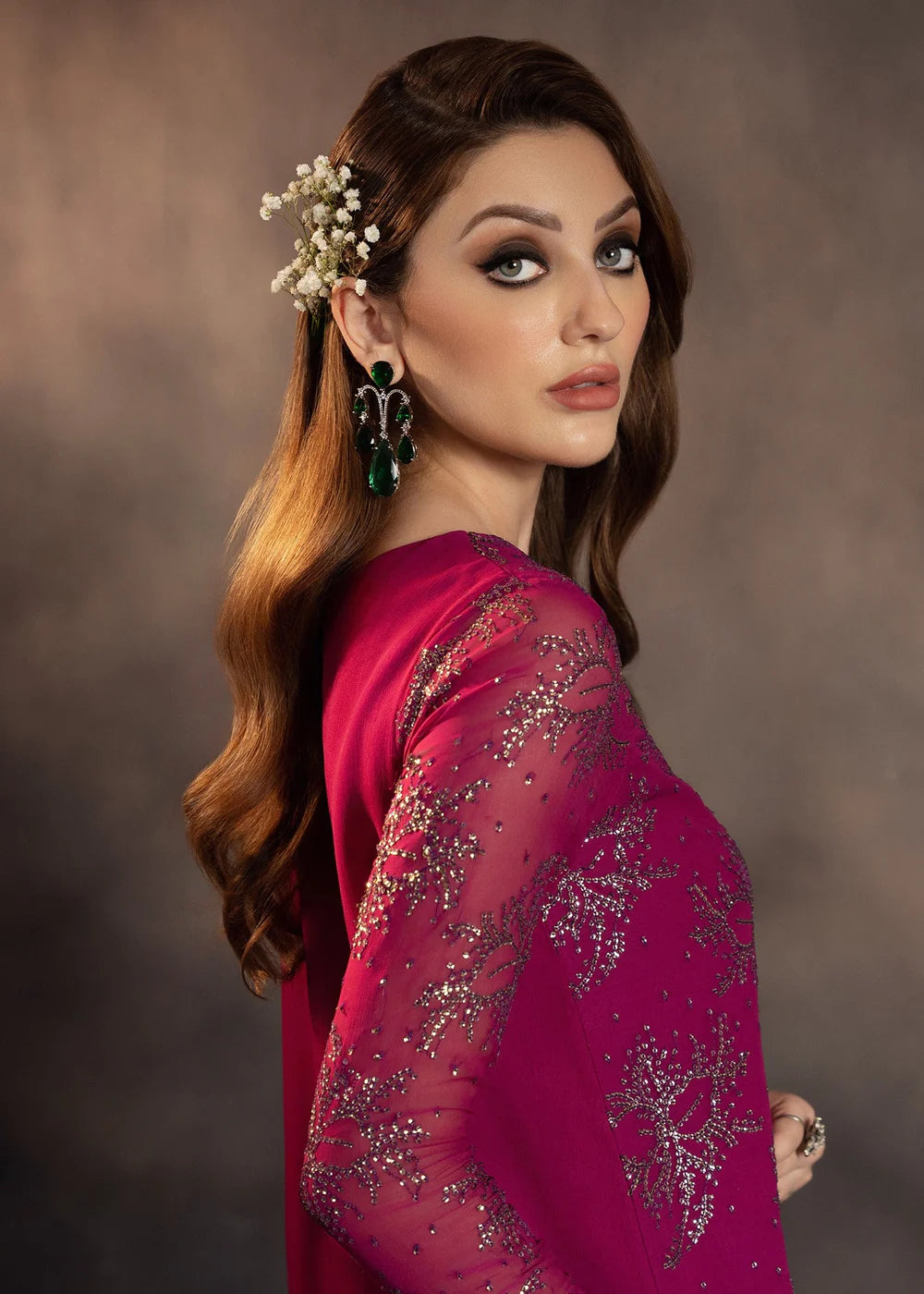 Shocking Pink Chiffon Embroidered Suit