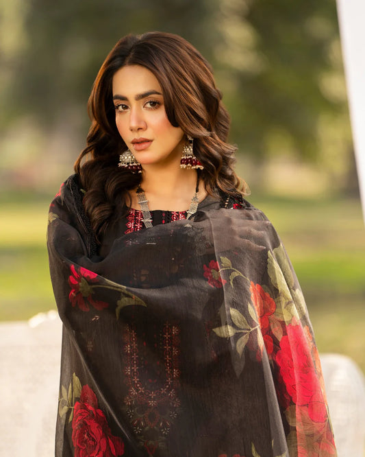 Black Chikankari Lawn Suit with Cutwork Details