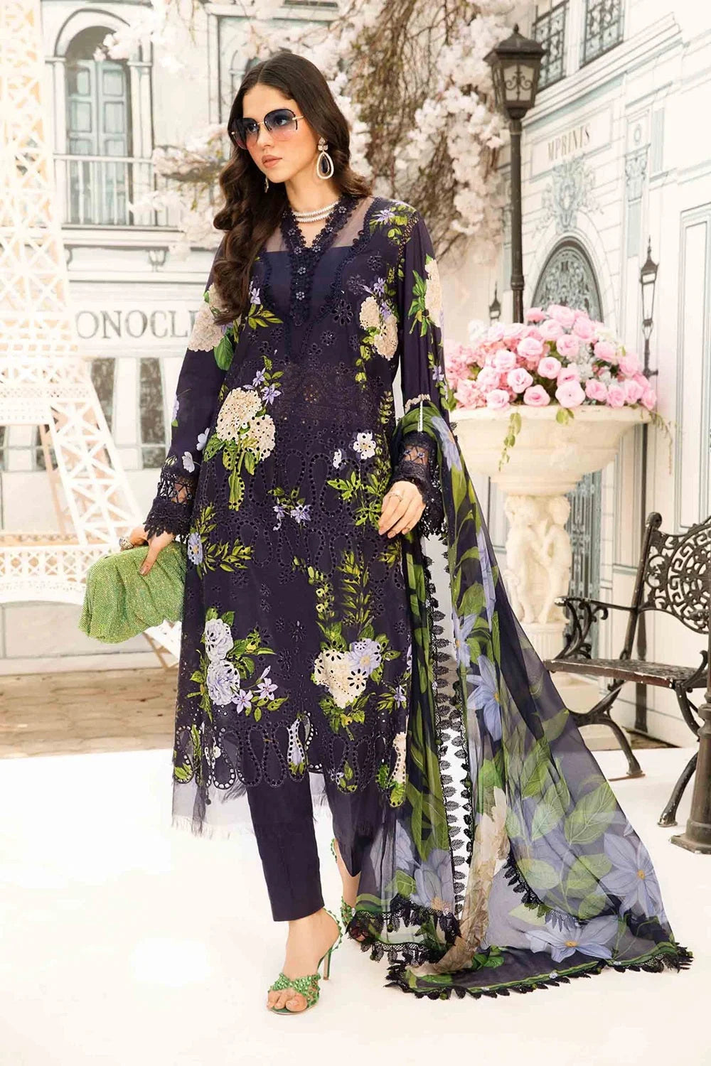 Navy Blue Chikankari Lawn Suit with Chiffon Dupatta