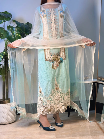 3D & Crochet Hand Embroidered Cotton Chikankari Suit