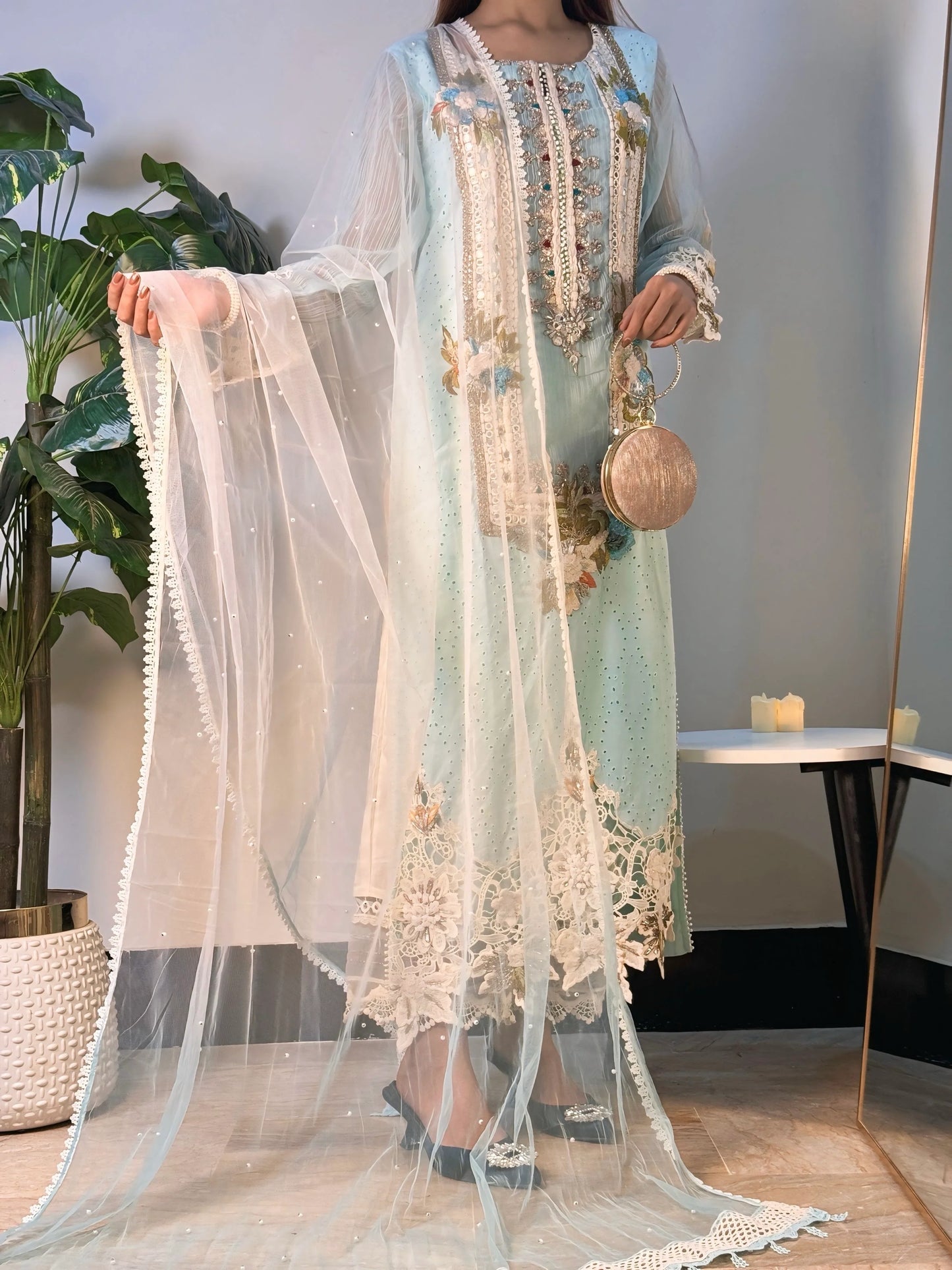 3D & Crochet Hand Embroidered Cotton Chikankari Suit