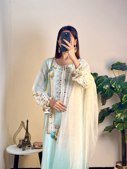 3D & Crochet Hand Embroidered Cotton Chikankari Suit