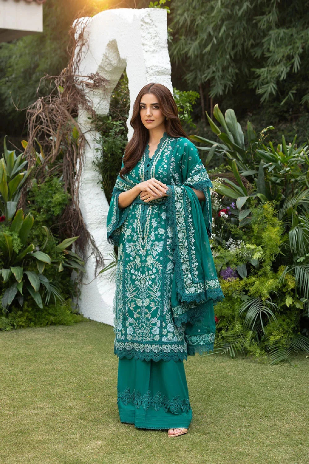 Cross Stitch Embroidered Luxury Lawn Suit with Chiffon Dupatta